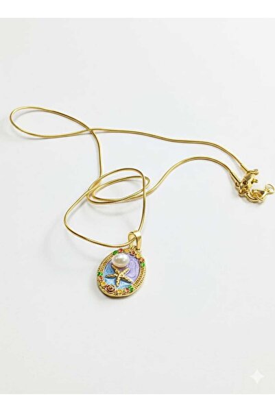 LUX Deniz Yıldızı ve İnci Detaylı Vintage Oval Madalyon Kolye