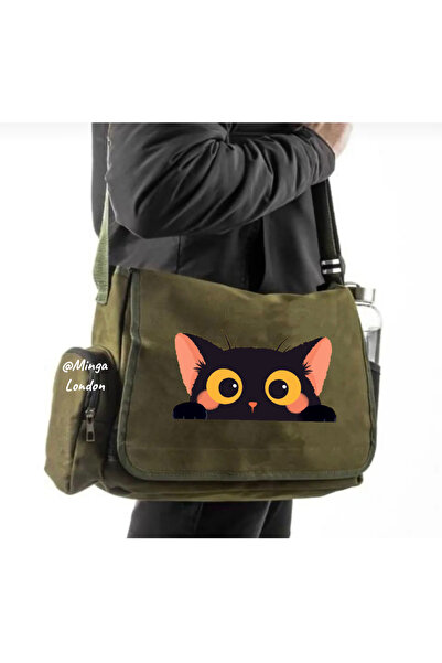 Minga London Khaki Black Cat Enes Printed Messenger Bag -Mingalondon