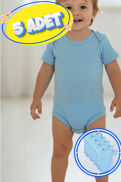 candar Large Size 5-Piece Short Sleeve Bodysuit Blue – Cotton, Snap Buttons a...