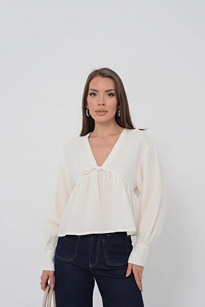 Lusin Women's Ecru V-Neck Front Lace-Up Loose Long Sleeve Muslin Blouse