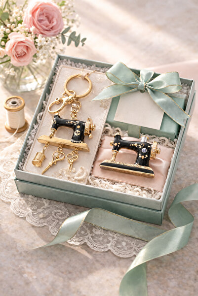 PULİNİN DÜKKANI Vintage Dikiş Makinesi Tasarımlı Anahtarlık & Broş İkili Hedi...