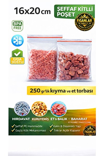 figanlar ambalaj 10 adet 16x20 cm Şeffaf Kilitli Poşet 250 Gr Kıyma ve Et Sak...