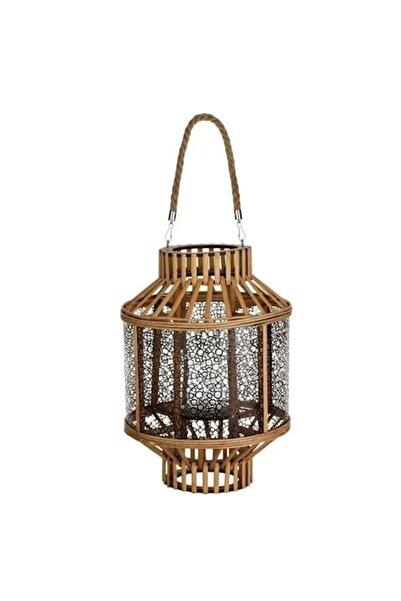 Welora Decorative Lantern with Cylindrical Wooden Frame and Thin Black Metal ...