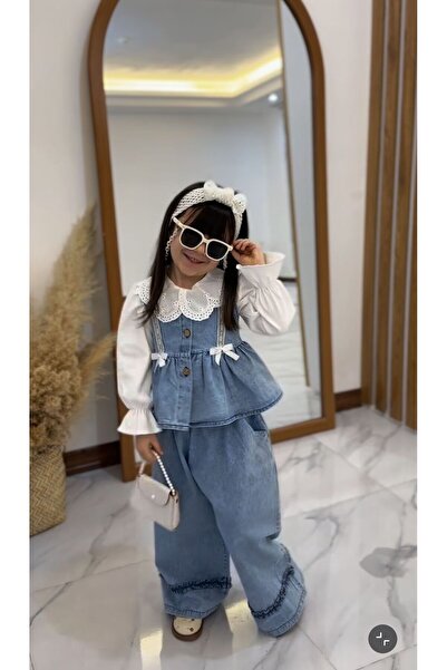 Eybabykids Girl's Denim Set – Lace Collar Shirt with Straps, Denim Blouse & W...
