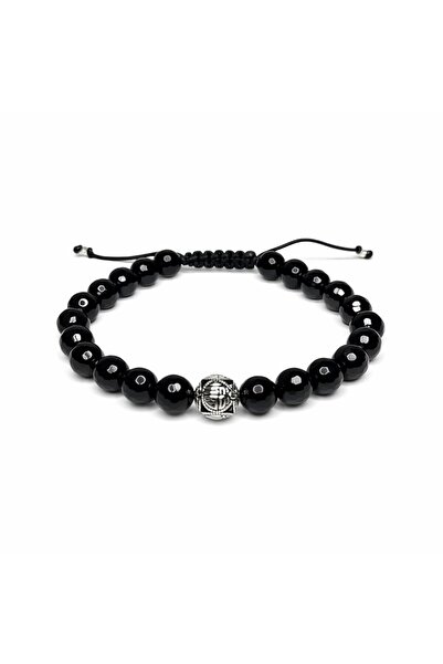 Handmade Men's bracelet with 8 mm faceted black onyx and 925 silver decorativ...