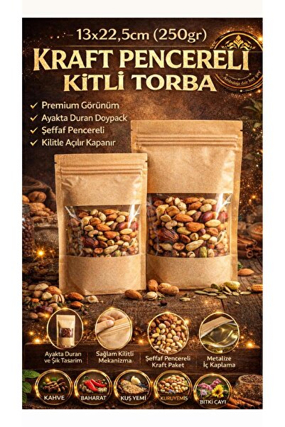 figanlar ambalaj 100 adet 13x22,5 cm Kraft Pencereli Kilitli Torba 250 Gr – d...