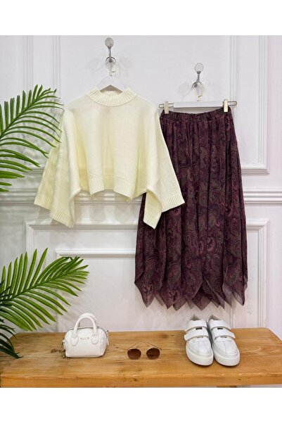 onix Rivina Double Combination Ecru Sweater, Burgundy Skirt