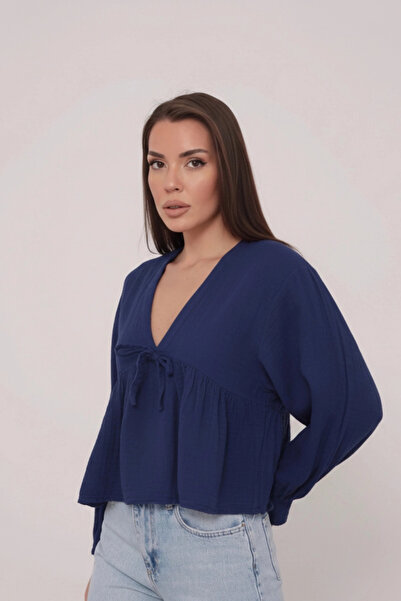 Lusin Women's Navy Blue V-Neck Lace-Up Front Loose Long Sleeve Muslin Blouse