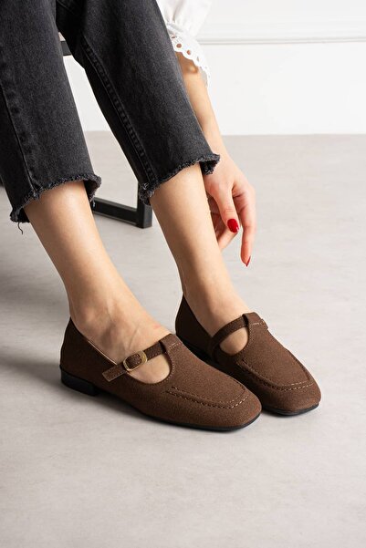 diclepolat حذاء نسائي من جلد الغزال البني مع حزام ونعل مسطح، حذاء لوفر يومي م...