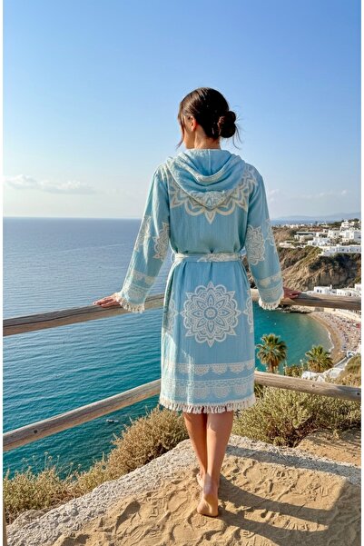 tarzQeen peştemal %100 Pamuklu jakar müslin gökyüzümavi Mandala bohem kapşonl...