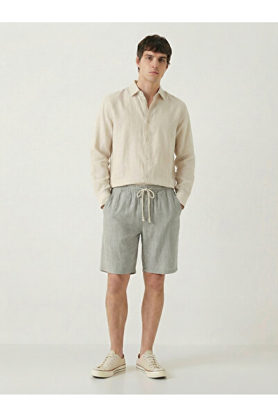 TKT Men's Gray 100% Cotton Linen Muslin Shorts with Back Pockets, Full Fit