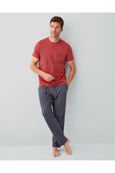 Arnetta Men's Cotton Short Sleeve Red/Green Striped Pajama Set