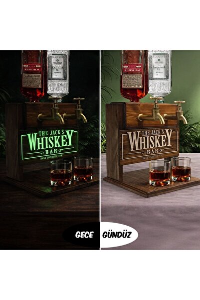 Bk Gift Kişiye Özel Kabartmalı Fosforlu İsimli Çift Musluklu Doğal Ahşap İçki...