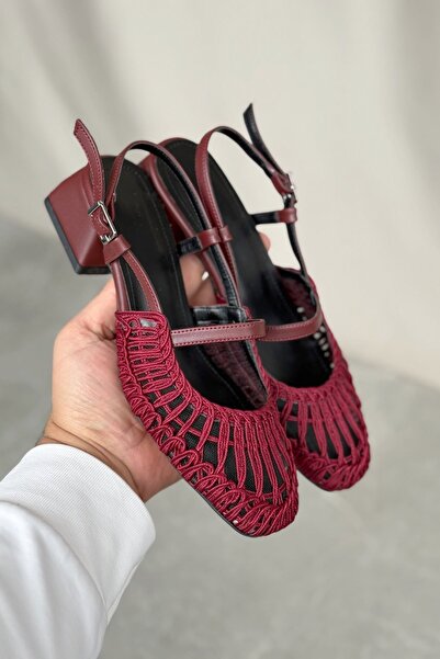 MODAADAM Women's Cerny Short Heeled Braided Shoes - Burgundy