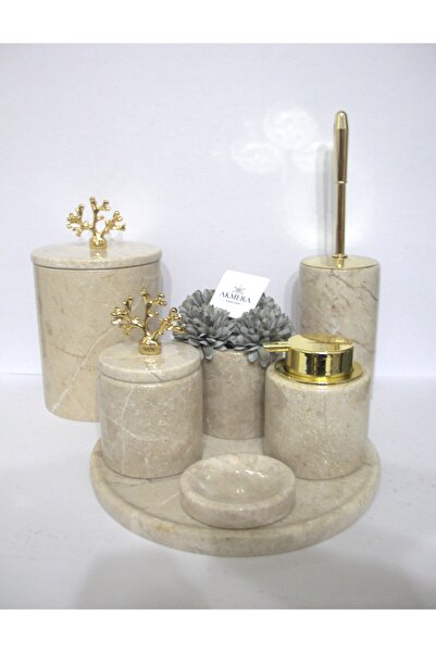 Akmera Home %100 Doğal Mermer Pirinç Kulplu Banyo Seti Köpük Sabun Dispenserl...
