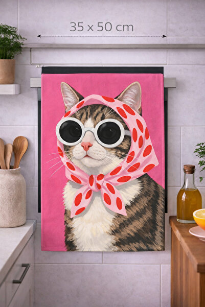 Piloji Retro Cat with Glasses Design Kitchen Towel 35X50 - Pink Bandana Aesth...