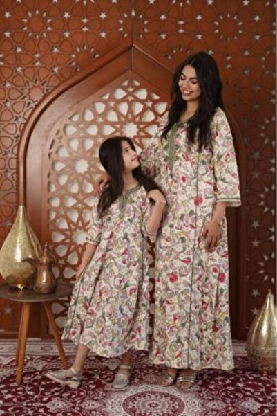 AFandina Elegant Oriental-Patterned Floral Jalabiya – Mother and Daughter Set...
