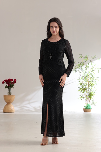 Verona Long black evening dress with shimmering details and sheer sleeves