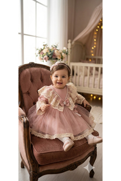MASSIBEBE Elegant Set for 1 Year Old Girls: Tulle Dress, Pearl Details and Ro...