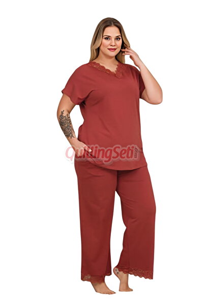 quilling Burgundy Color, B-615 Women's Plus Size Mother's Pajama Set with Sho...