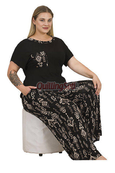 quilling Black Color, Leopard Pattern 11065 Short Sleeve Women's Plus Size Mo...