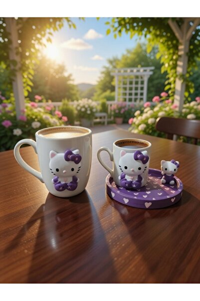 RivelCandle Hello Kitty Mor Figürlü kupa ve türk kahvesi seti ( 1 kişilik )