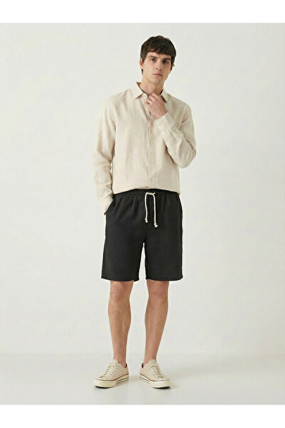 TKT Men's Black 100% Cotton Linen Muslin Shorts with Back Pockets, Full Fit