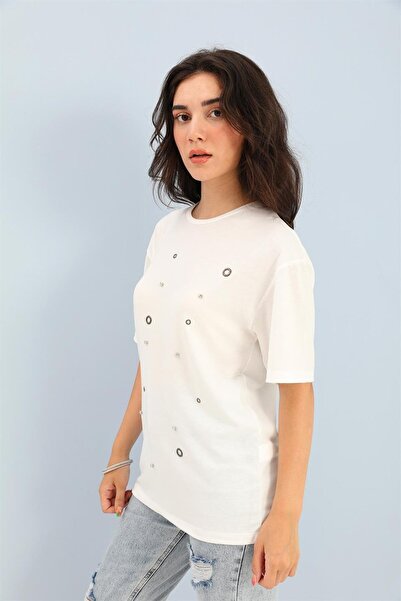 VELİZADE Women's Ecru Soft Textured Cotton Combed Cotton Crew Neck T-Shirt Sh...