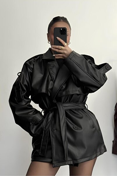 gm giyimarket Trenci din piele cu curea pentru femei, sezon nou