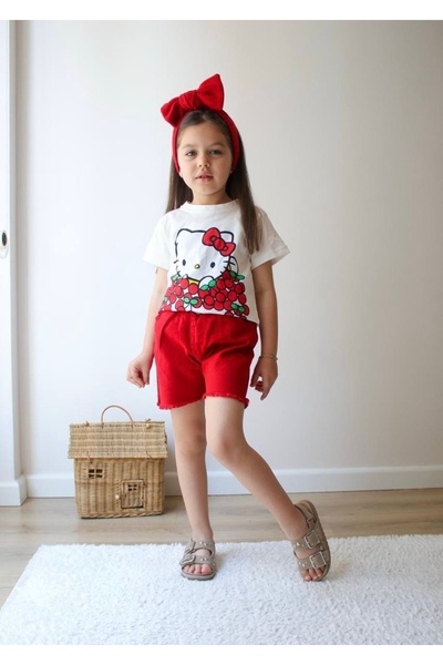 Asortix boutique KIZ ÇOCUK KOT ŞORT /T-SHİRT İKİLİ TAKIM (ESNEK ,ŞIK HELLO Kİ...