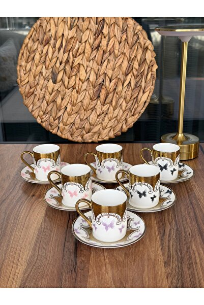 Hediye Köşkü 6-Person Gold Gilded Butterfly Porcelain Coffee Cup