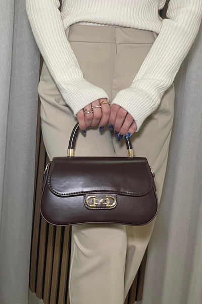 Fibag Women's Brown Mini Hand and Shoulder Bag - with Gold Accessories - Styl...