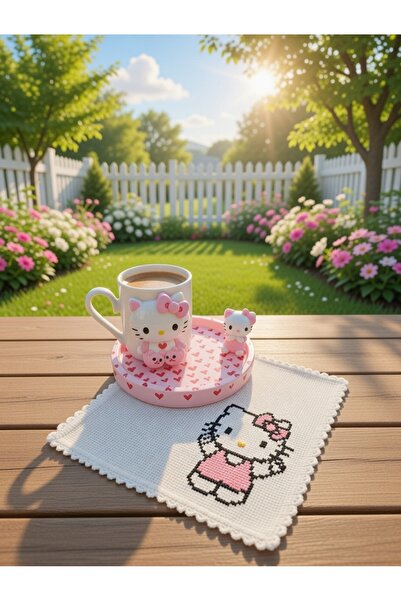 RivelCandle Hello Kitty Pembe Figürlü Türk kahvesi seti Etamin işlemeli peçet...