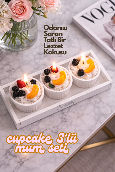 Beliert Dekoratif Kokulu 3'lü Cupcake Mum Seti • Hediyelik • Tamamen Doğal So...