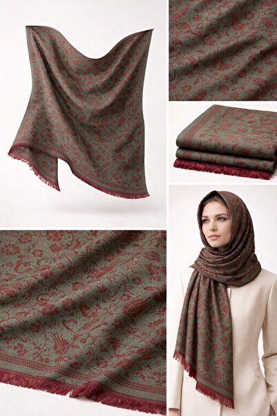 buybox Çiçek motifli bordo/haki şal