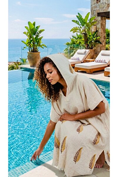 tarzQeen peştemal %100 pamuklu Unisex Yaprak Desenli Kapüşonlu Püsküllü Müsli...