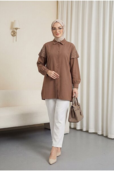 Modamorfo Cupra Shirt with Stone Detail on the Shoulder, Slits and Buttons - ...