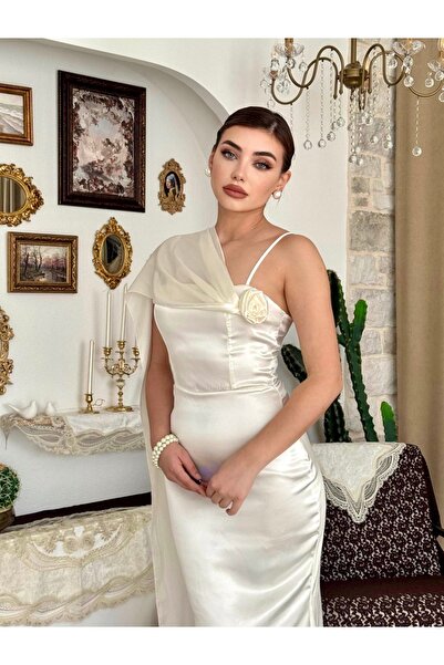 Dilek Vardar Ecru Strapless Cape Detailed Rose Detailed Satin Long Evening Dress