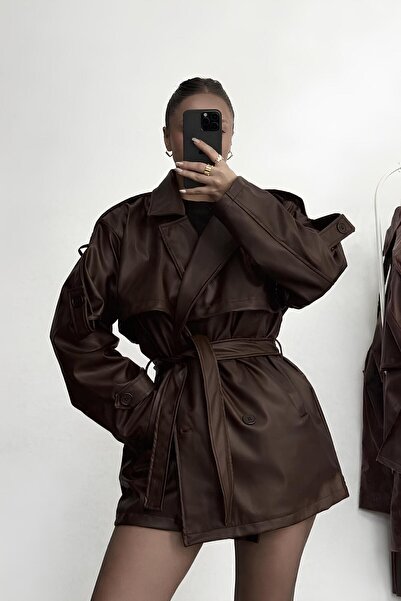 gm giyimarket New Season Women's Belted Leather Trench Coat