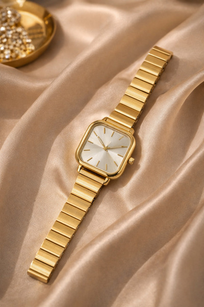 matheon ساعة يد نسائية ذات علبة مربعة ذهبية اللون - حزام معدني بسيط، تصميم أن...