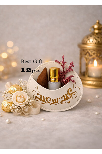 GIFT جيوب جلد بعبارة عيد سعيد توله مع كسره عود ورد مجفف ( 12 حبة)