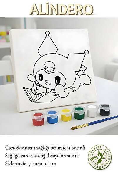 Alindero Çocuk boyama tuval seti KUROMİ KİTAP 6 lı akrilik boya + fırça + haz...