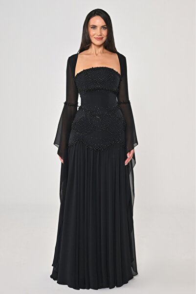 ALFABETA Luxurious pearl-embellished evening dress with long sleeves - 7330
