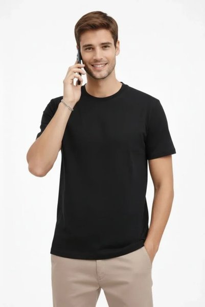 pazarella Men's Crew Neck T-Shirt Regular Fit Basic Cotton Daily Use T-Shirt - Black