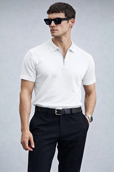 Lufian Erkek Yarın Fermuarlı Slim Fit Kısa Kollu Triko Tişört
