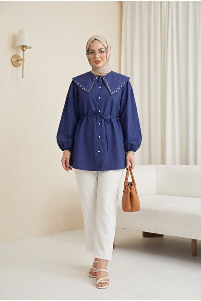 HİJABAYA Wide Collar, Stoned Sleeves, Elasticized Buttons, Lace-Up Shirt