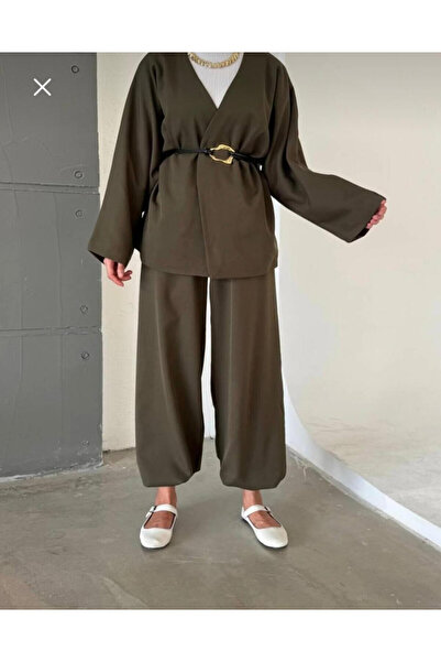 deniva Oversize Wide Leg Leather Belted Khaki Suit