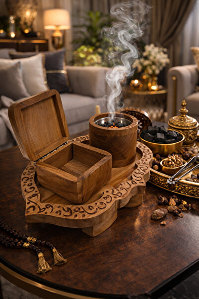 Generic A wooden and elegant incense burner set decorated with Arabic and Isl...