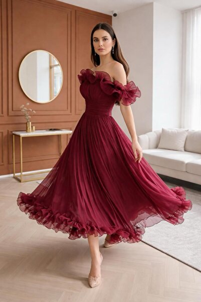 aşkın göksu Bordo Düşük Kol Beden Büzgülü Straplez Yaka Midi Boy Kadın Kısa A...