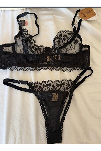 mendoza store Black Embroidered Floral Patterned Bra Set